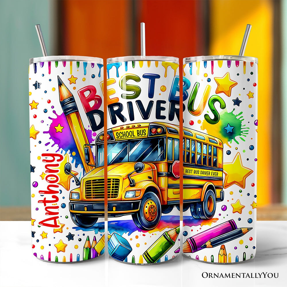 Colorful personalized 20oz Best Bus Driver tumbler with stainless steel straw