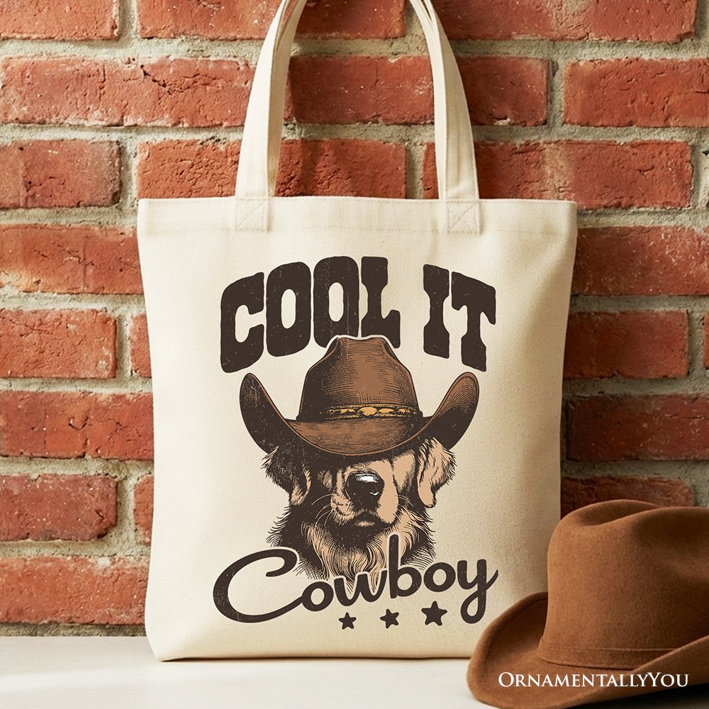 Canvas tote bag with a retro Golden Retriever illustration wearing a cowboy hat