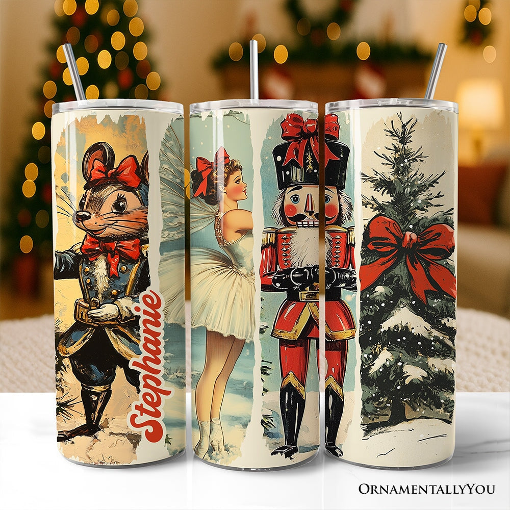 Vintage style Nutcracker and bow themed 20oz personalized holiday tumbler