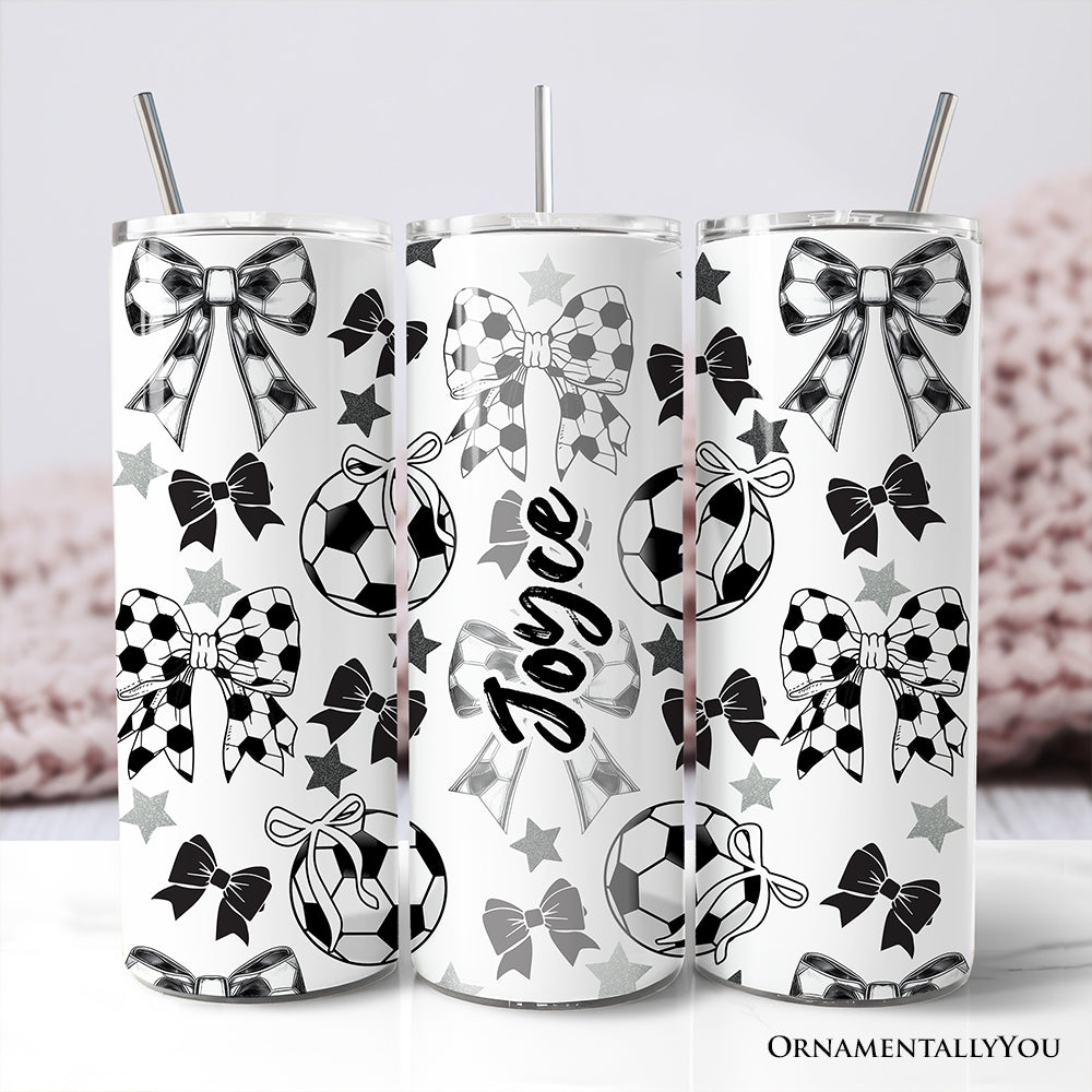 Black and white soccer bow design 20oz tumbler with stainless steel straw