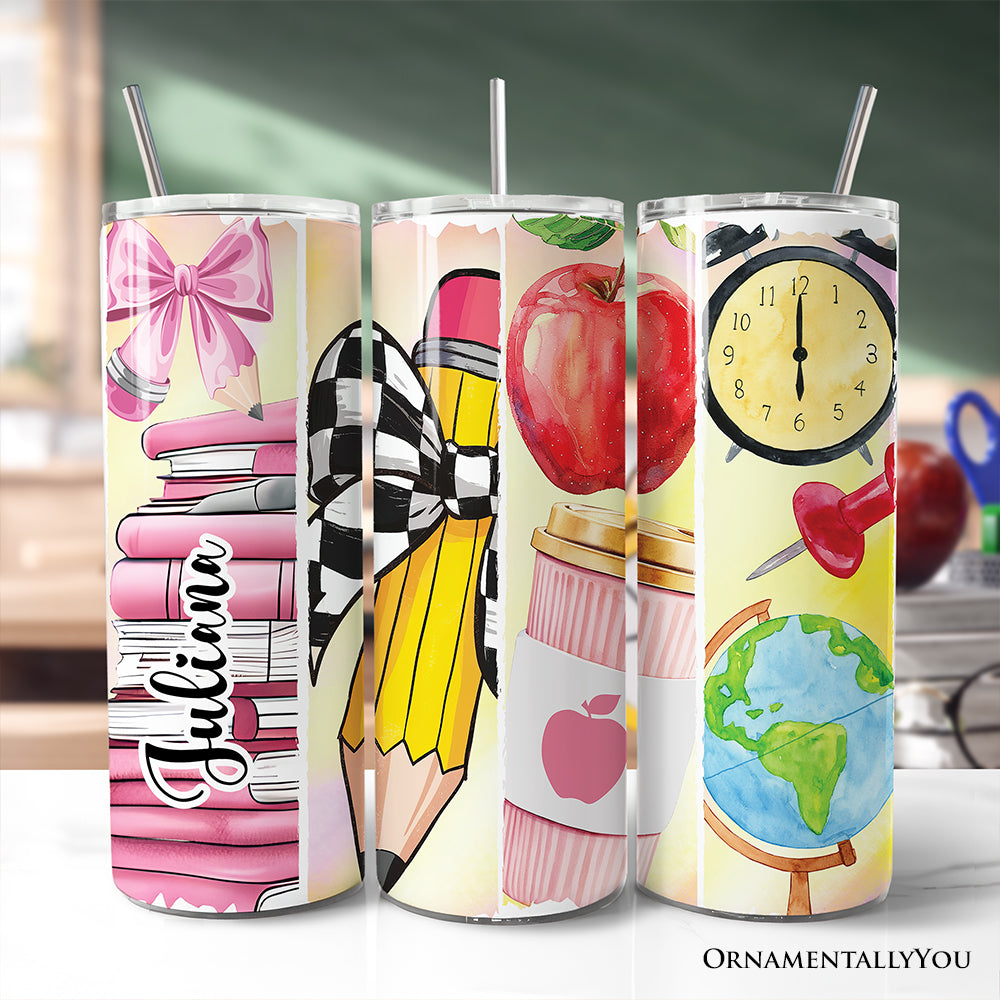 20oz retro pink teacher tumbler with coquette style school motifs