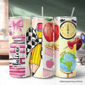 20oz retro pink teacher tumbler with coquette style school motifs