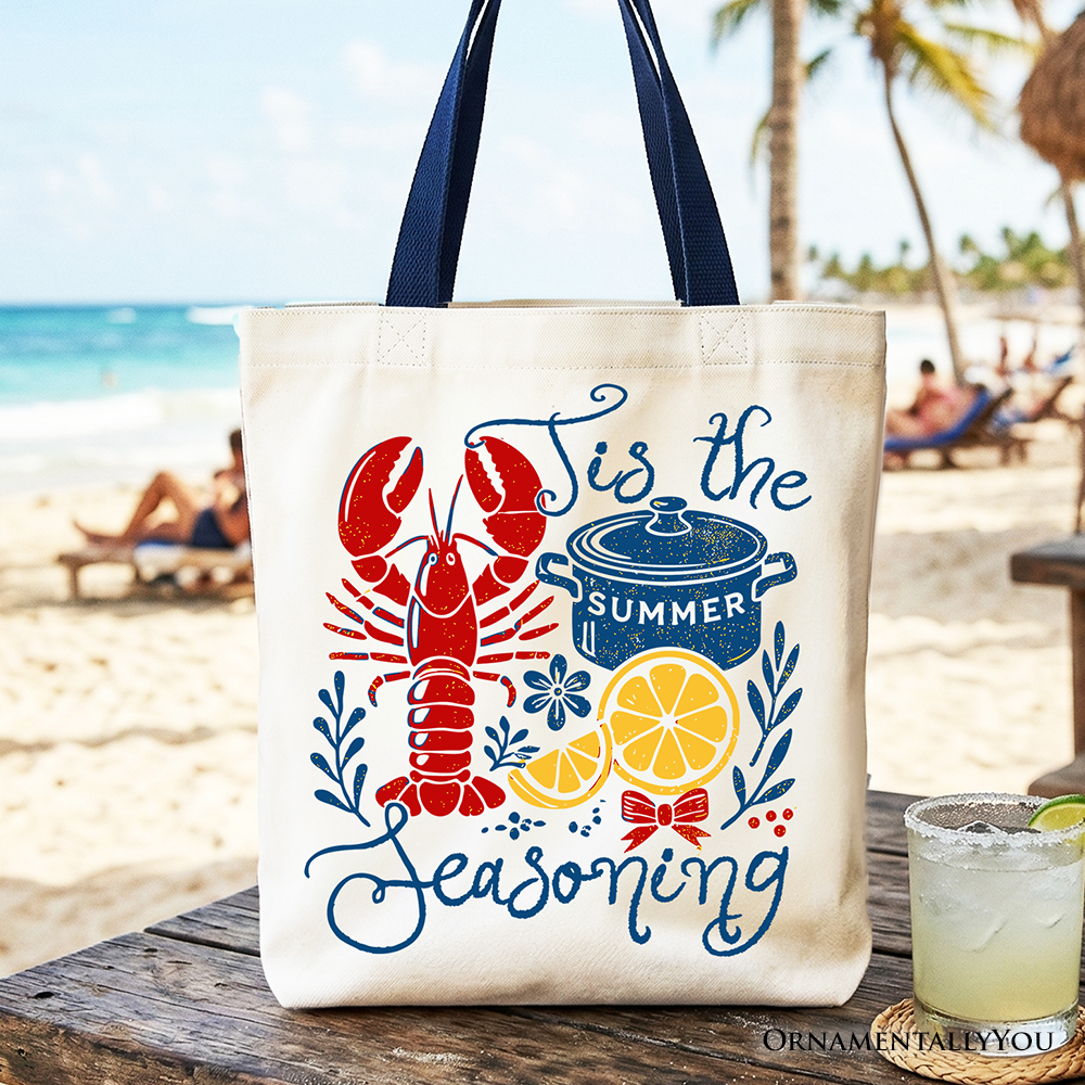 A retro-themed crawfish boil season tote bag with a funny seafood design on a neutral background.
