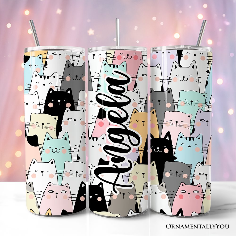 Personalized 20oz stainless steel tumbler with cute cat print and reusable straw