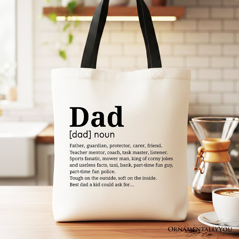 Funny Dad Definition graphic on a white cotton canvas tote bag