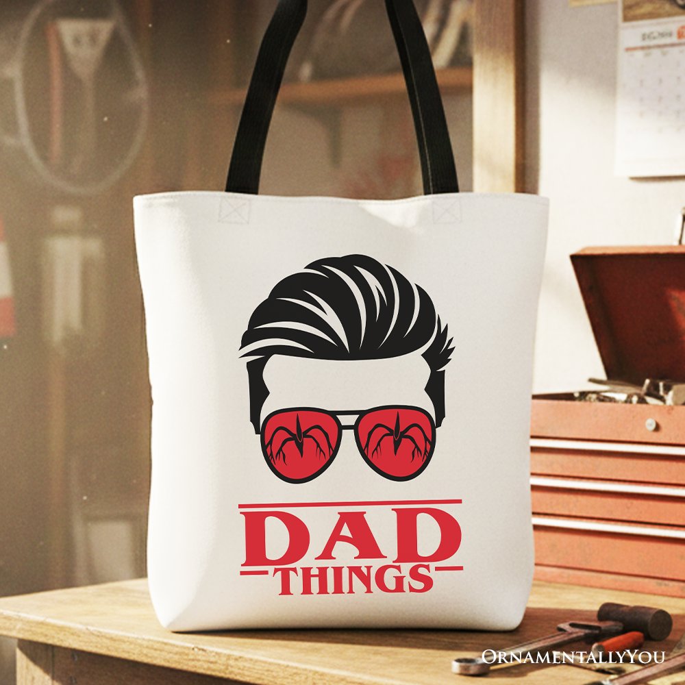 Dad Things retro canvas tote bag with red glasses graphic.