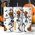 20oz white, orange, and black Dancing Skeletons with Pumpkin Head tumbler with stainless steel straw