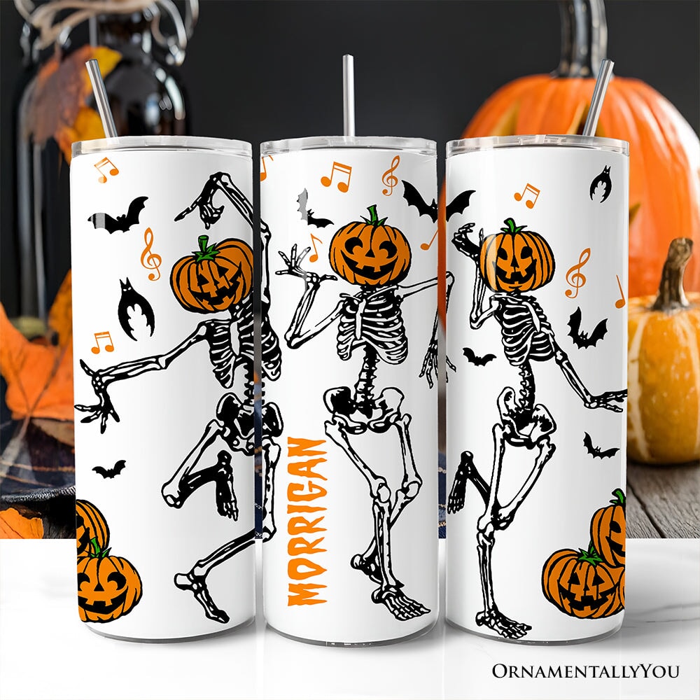 20oz white, orange, and black Dancing Skeletons with Pumpkin Head tumbler with stainless steel straw