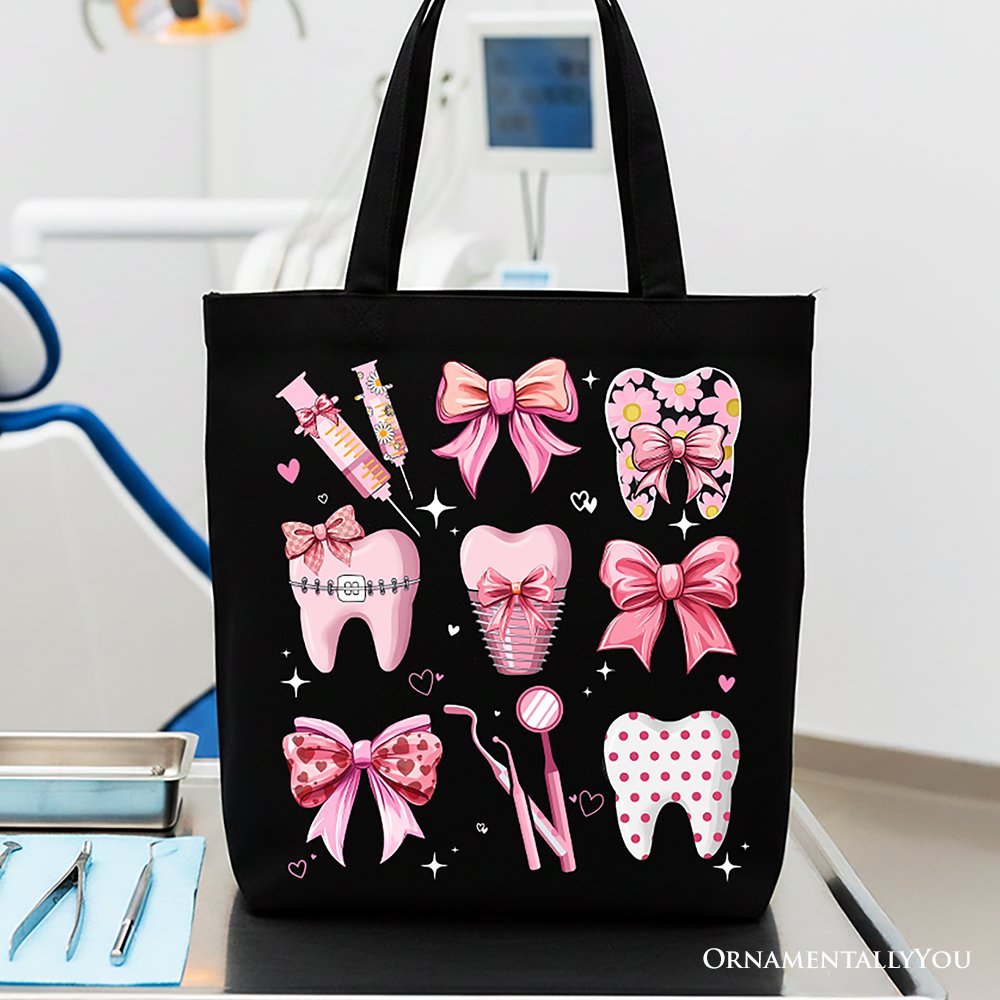 Dental Squad canvas tote bag with pink teeth and bow graphic, pink aesthetic shopper