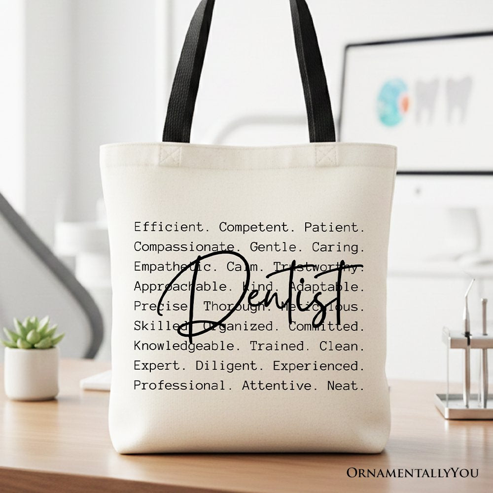 A cream-colored canvas tote bag featuring a witty dentist definition print, perfect for dental appreciation gifts.