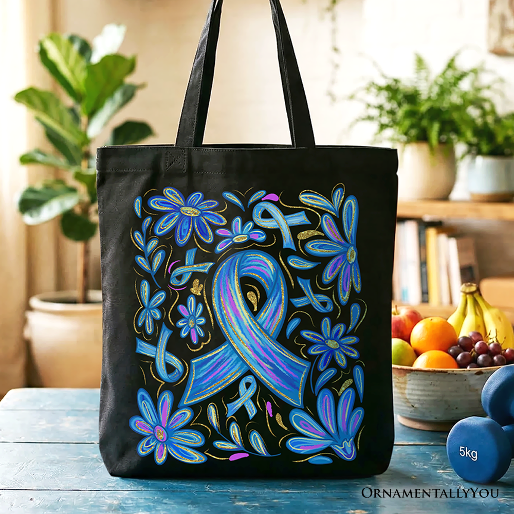Diabetes awareness tote bag featuring a blue ribbon and floral design
