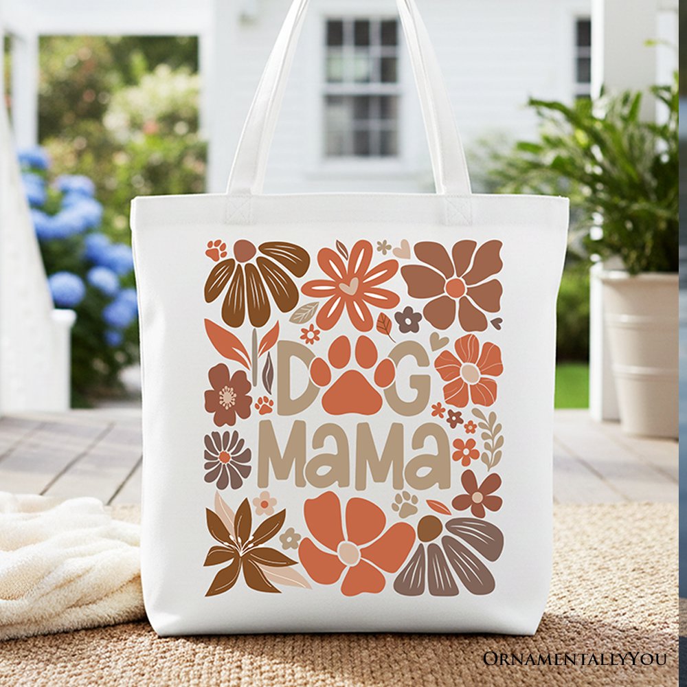Dog Mama boho floral canvas tote bag in white, black, terracotta, and brown colors.