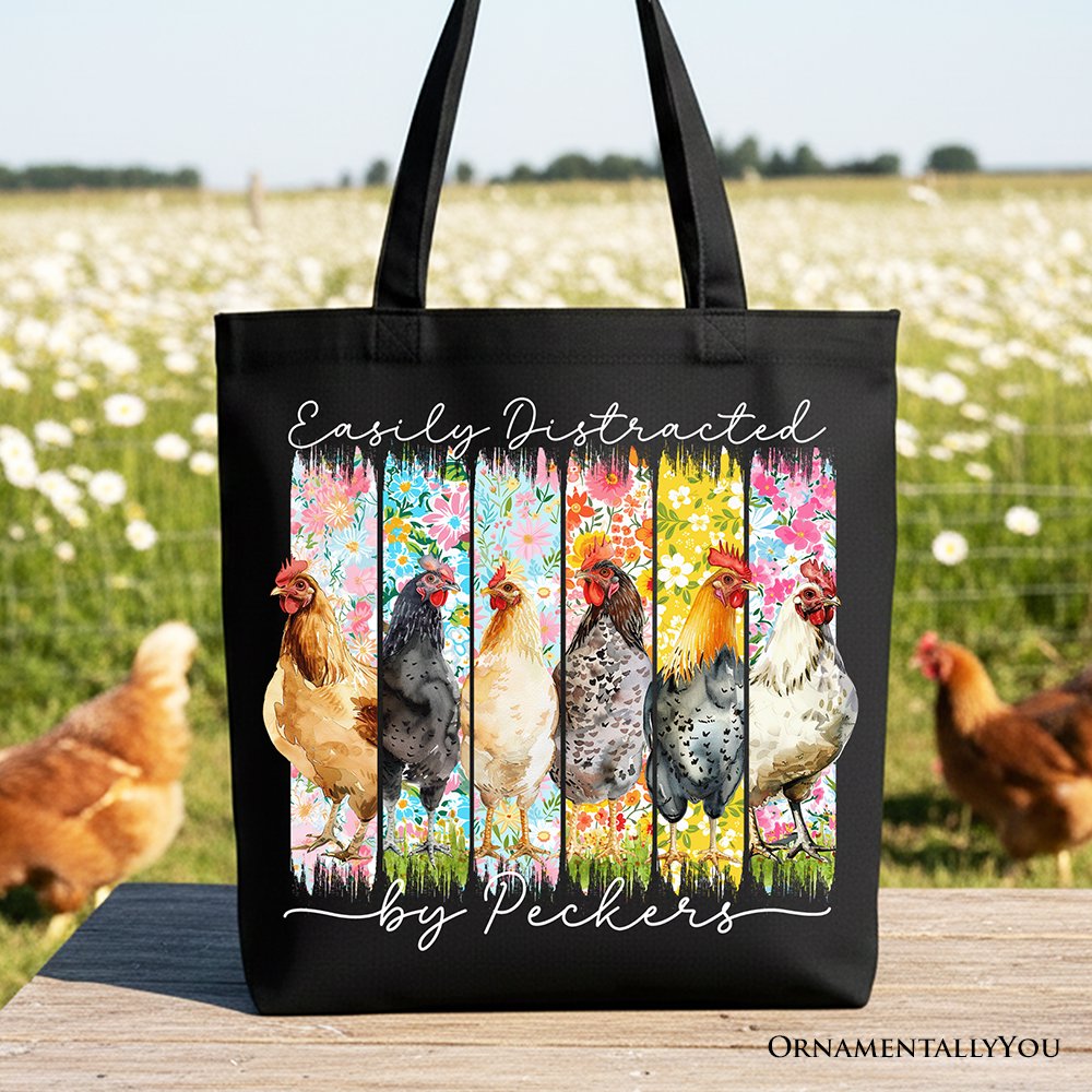 Easily Distracted by Peckers funny floral farm life canvas tote bag with black background
