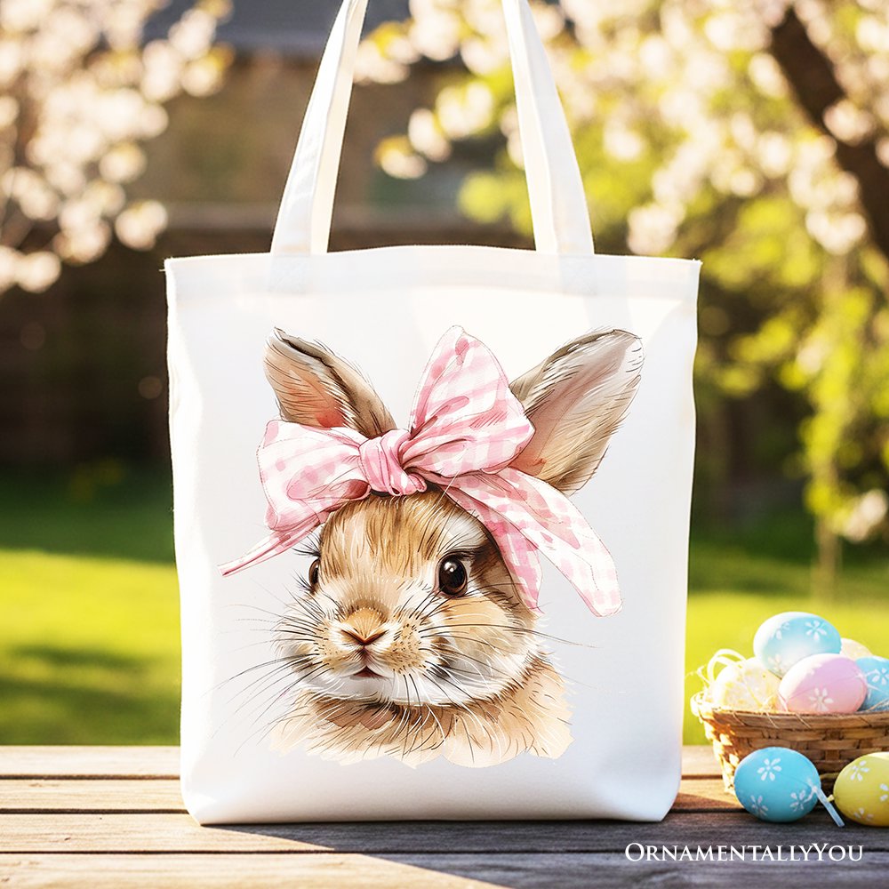 Easter Bunny tote bag featuring watercolor art and a pink bow, styled for the spring season