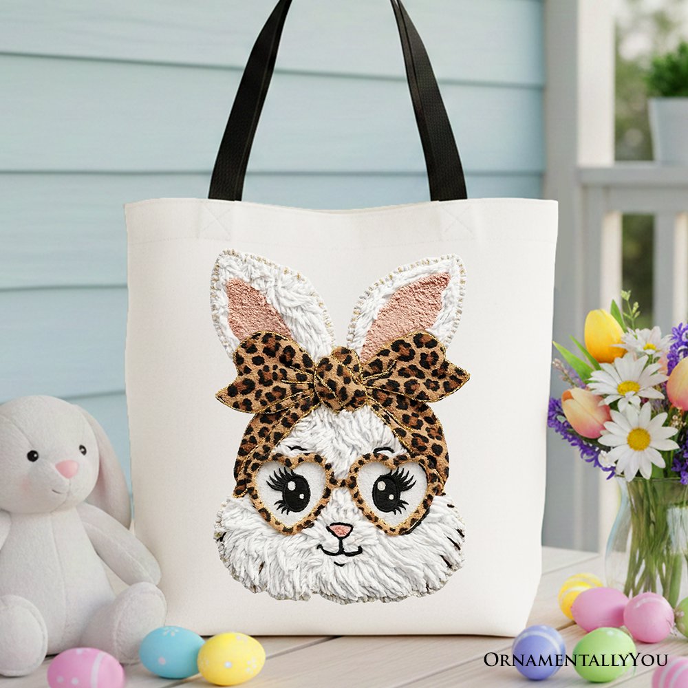 Easter Bunny Leopard Bow Tote Bag with coquette faux embroidery print on durable canvas