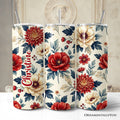 Elegant 20oz personalized travel tumbler in a classic red and cream floral pattern with stainless steel straw
