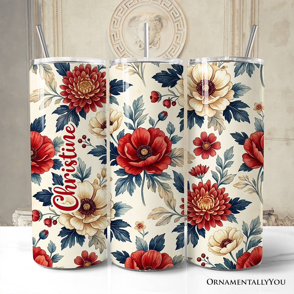 Elegant 20oz personalized travel tumbler in a classic red and cream floral pattern with stainless steel straw
