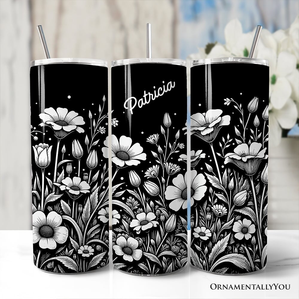 Black and white 20oz wildflower meadow personalized travel tumbler with stainless steel straw