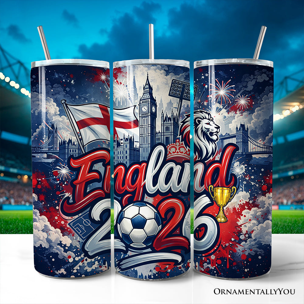 England 2026 Soccer Championship 20oz stainless steel tumbler with straw in red, white, and blue colors.