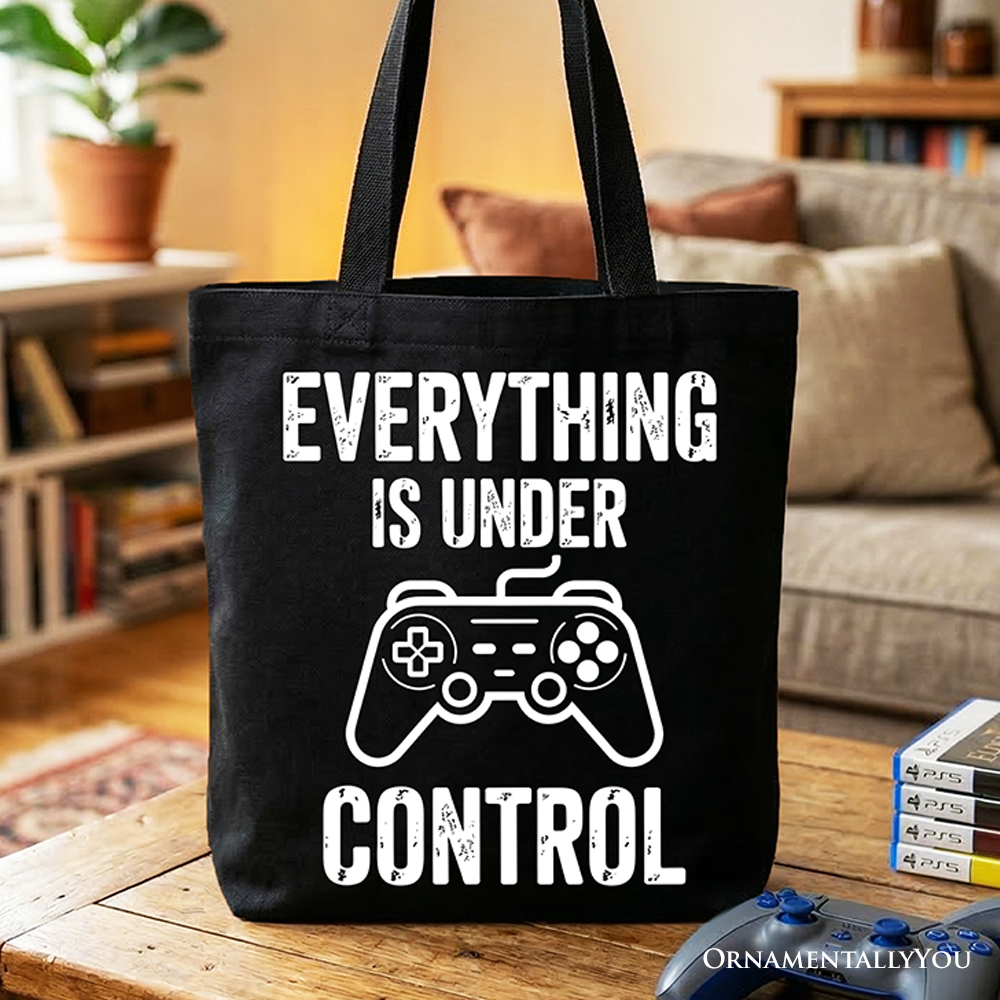 Everything Is Under Control gamer tote bag with video game controller graphic, handcrafted in the USA