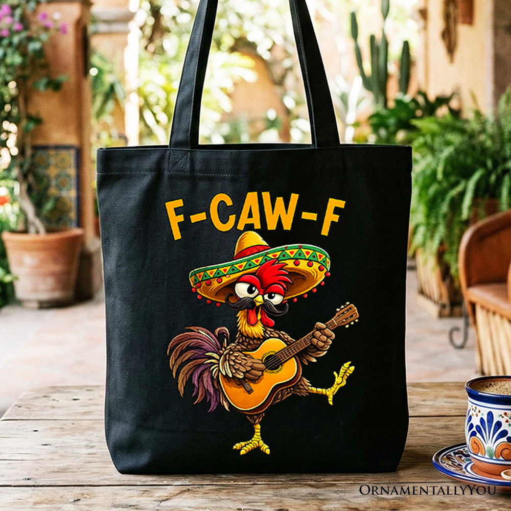 Black and white graphic tote bag with funny rooster print