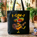 Black and white graphic tote bag with funny rooster print