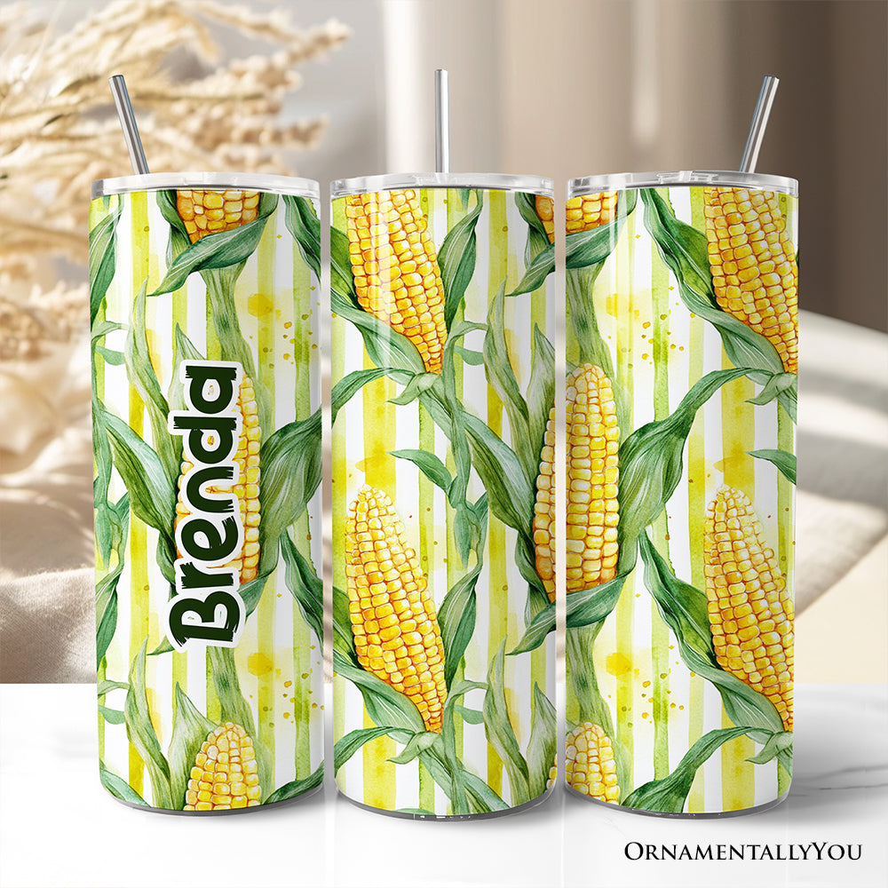 20oz stainless steel tumbler with yellow and green corn pattern on a white striped background