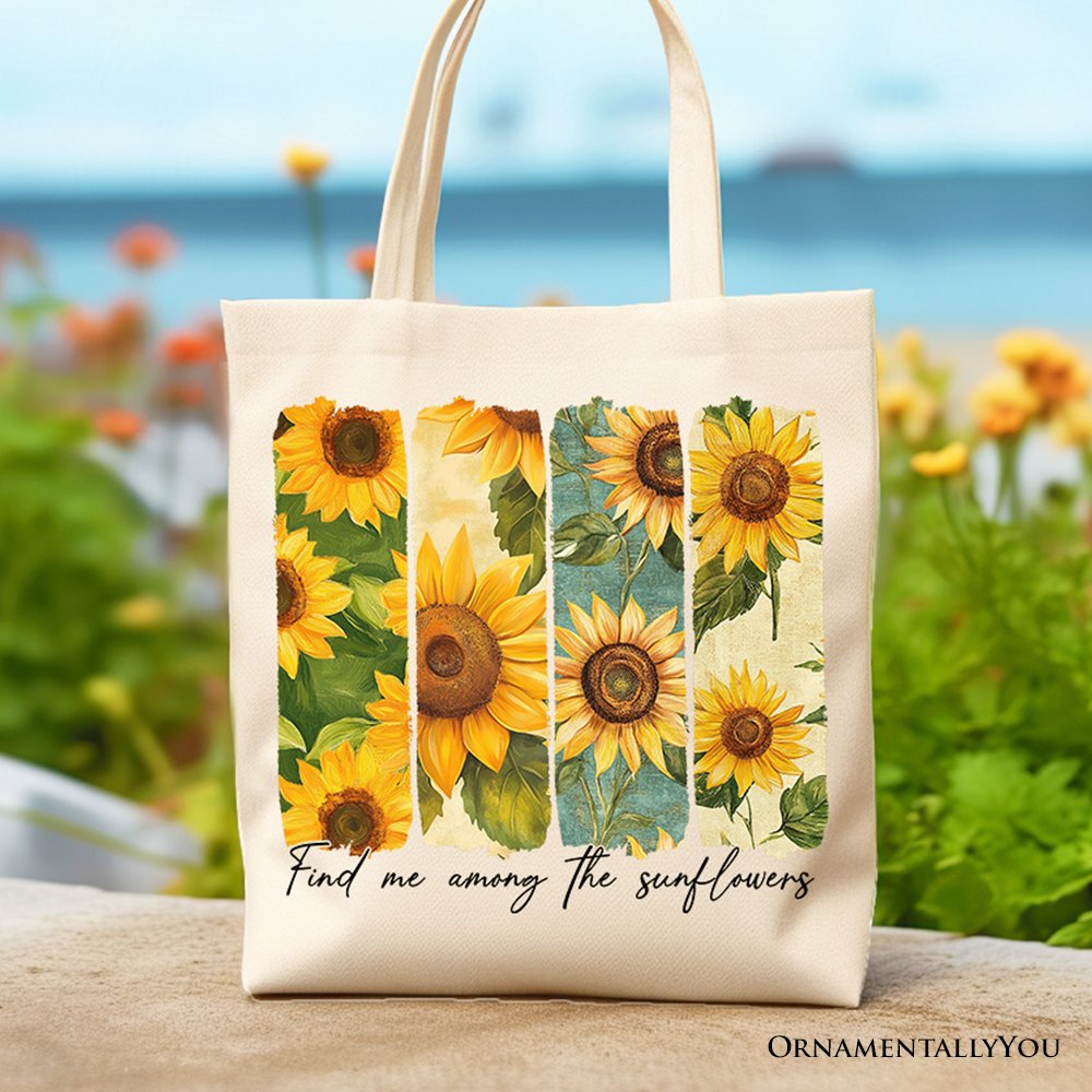 Floral sunflower print canvas tote bag with a bohemian and rustic aesthetic.
