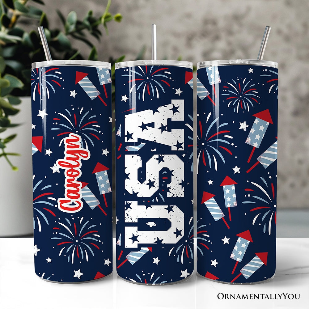 20oz personalized tumbler featuring firework and USA block letter design with stainless steel straw