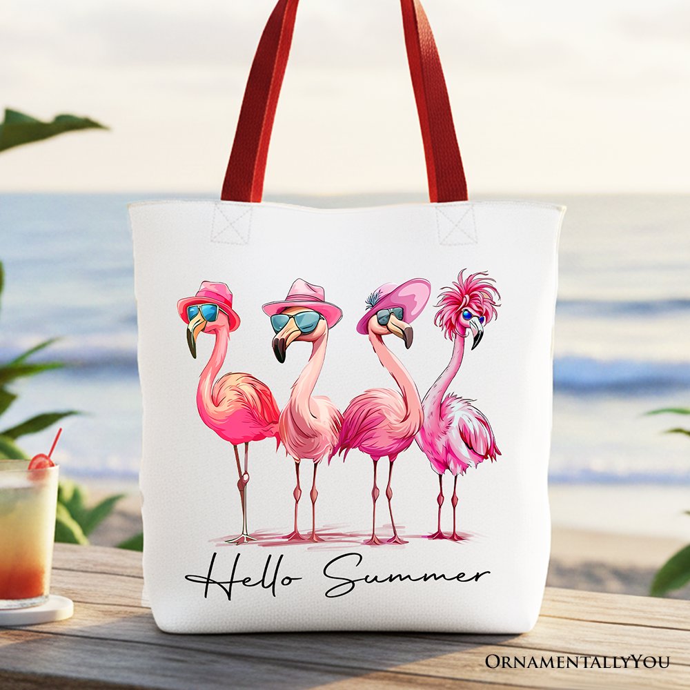 Whimsical Flamingo Hello Summer tropical canvas tote bag