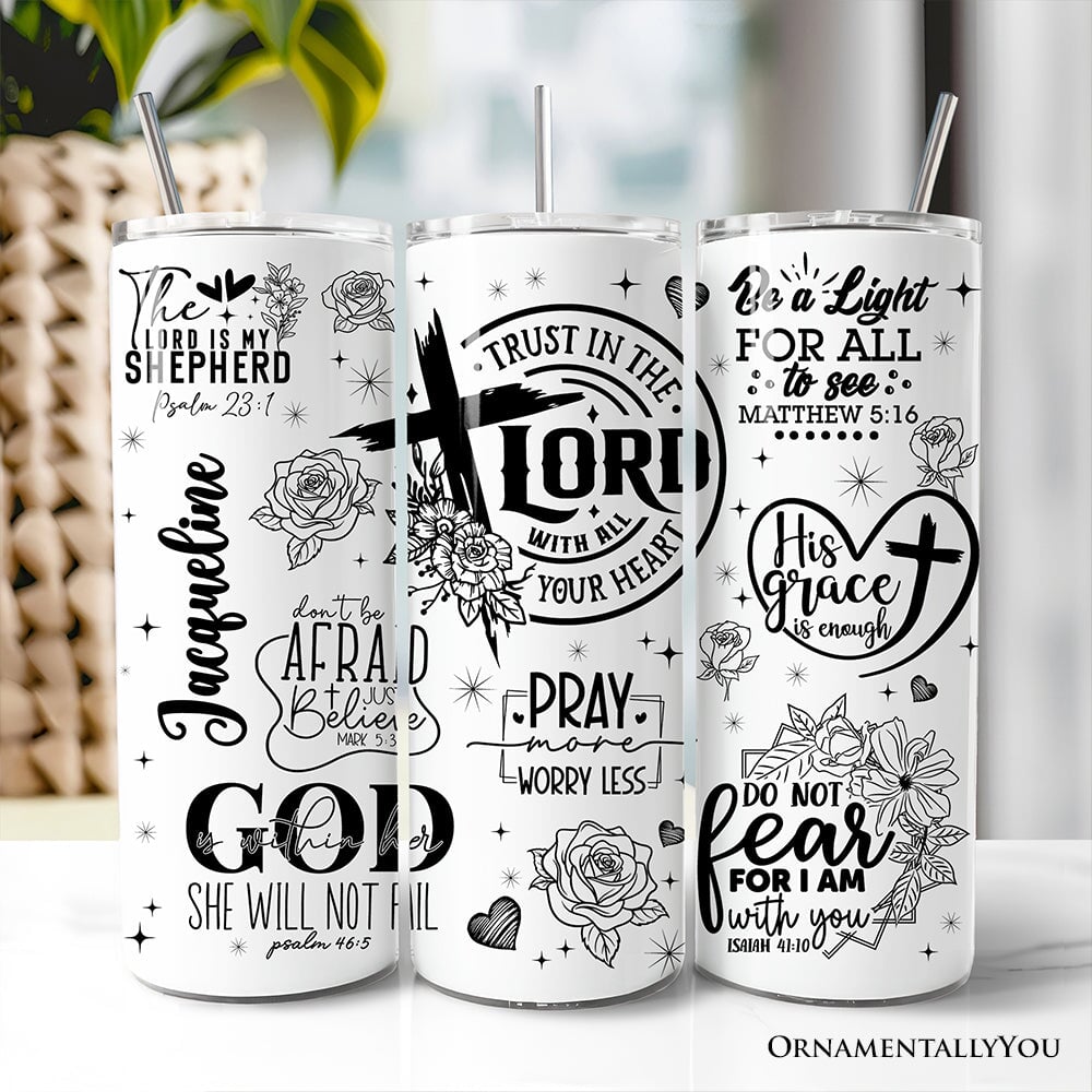 White 20oz tumbler featuring a floral cross design and inspirational Bible verse