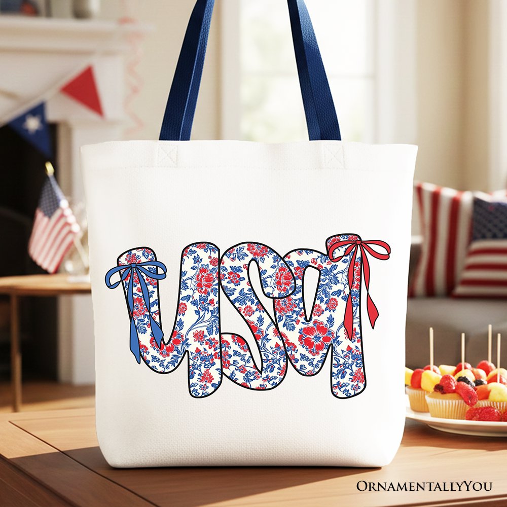 A patriotic floral canvas tote bag in red, white, and blue for 4th of July shoppers