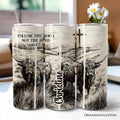 Highland cow themed Christian tumbler with Isaiah 8:11-13 verse in beige and black.