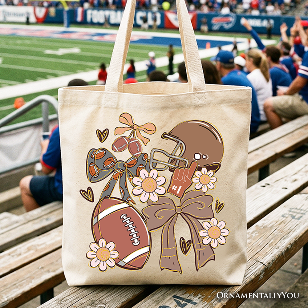 Football mom canvas tote with coquette bow and daisy design