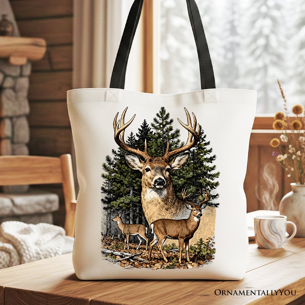 Forest Deers vintage grunge canvas tote bag with cream background