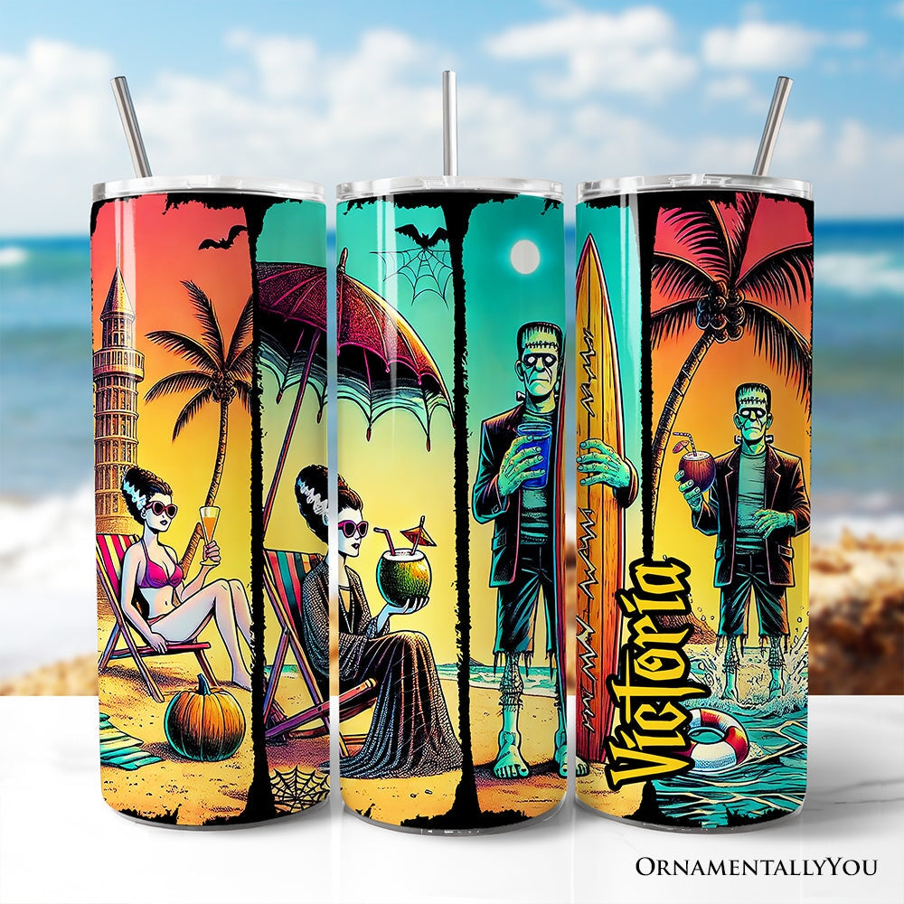 20oz tumbler with retro horror Frankenstein beach vacation design and neon surf accents