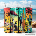 20oz tumbler with retro horror Frankenstein beach vacation design and neon surf accents