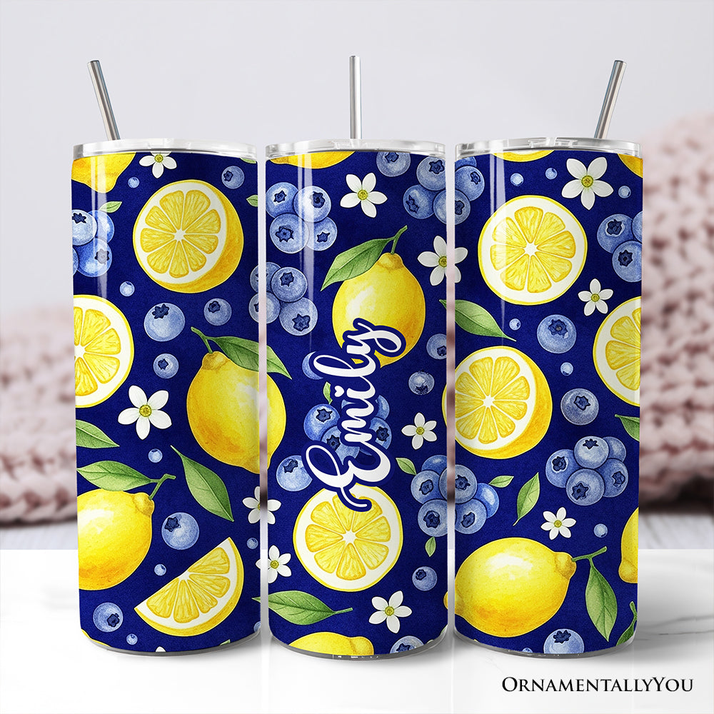 20oz personalized tumbler featuring a fresh lemon and blueberry fruit pattern with stainless steel straw