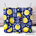 20oz personalized tumbler featuring a fresh lemon and blueberry fruit pattern with stainless steel straw
