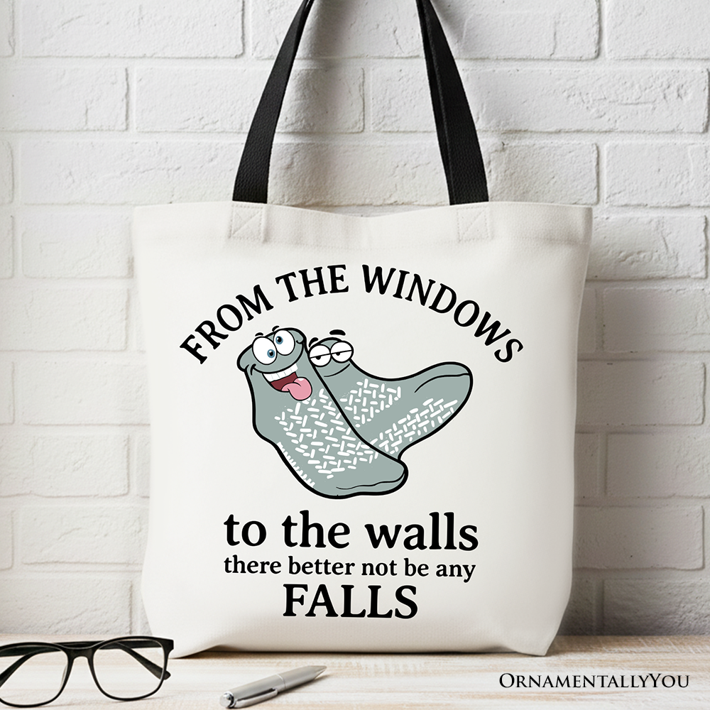 Natural off-white cotton canvas tote bag with black graphic text that reads From The Windows To The Walls No Falls