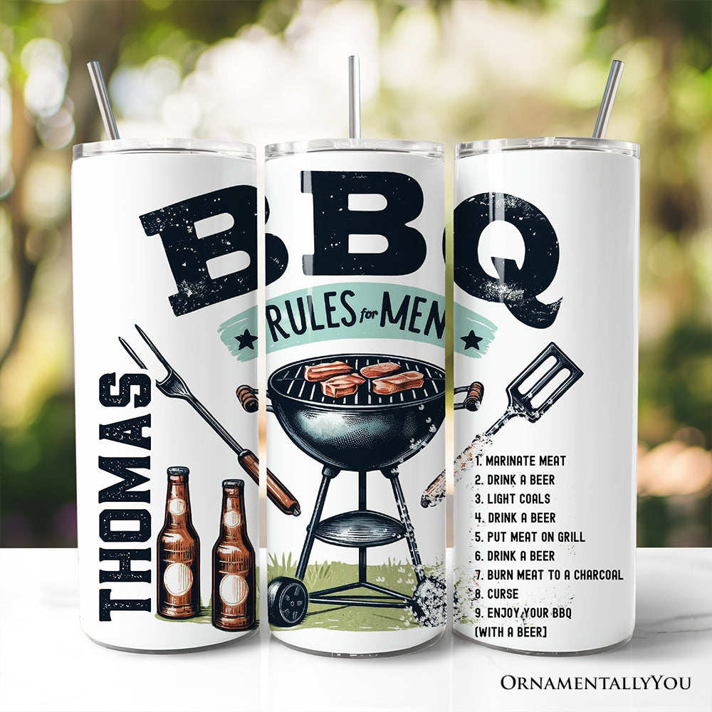 20oz stainless steel tumbler with BBQ Rules for Men text, including lid and straw.