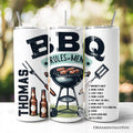 20oz stainless steel tumbler with BBQ Rules for Men text, including lid and straw.