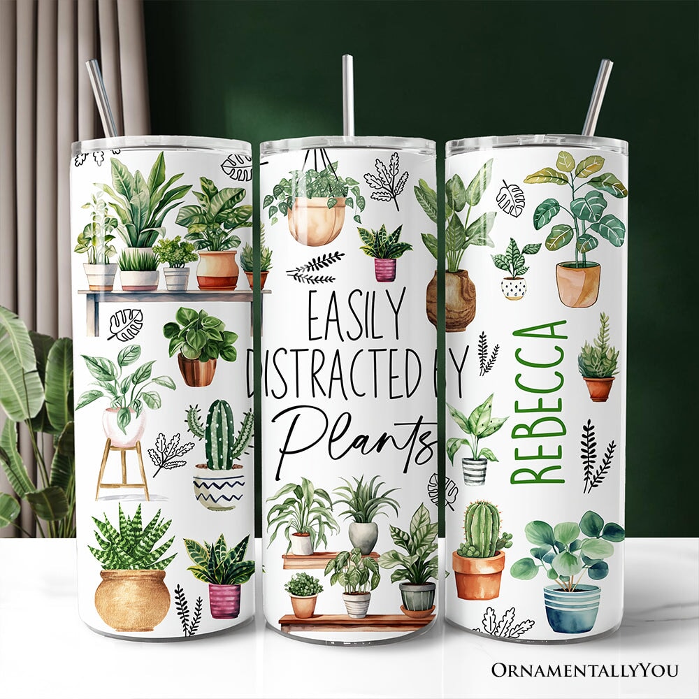 Personalized 20oz white and green botanical floral stainless steel tumbler with straw