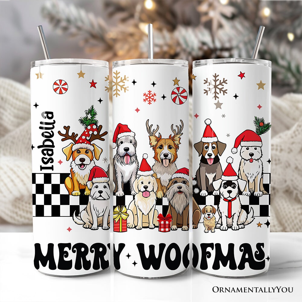 20oz Merry Woofmas personalized tumbler with dogs in Santa hats, including lid and straw