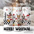 20oz Merry Woofmas personalized tumbler with dogs in Santa hats, including lid and straw