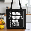 Minimalist black and white cotton canvas tote bag with 'MAMA' text design for stylish mothers