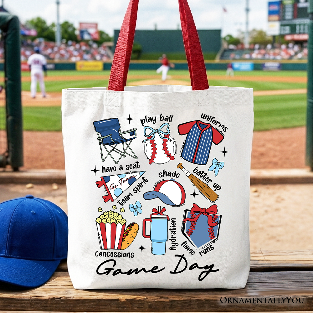 Baseball themed tote bag with sports graphics, perfect for game day tailgating