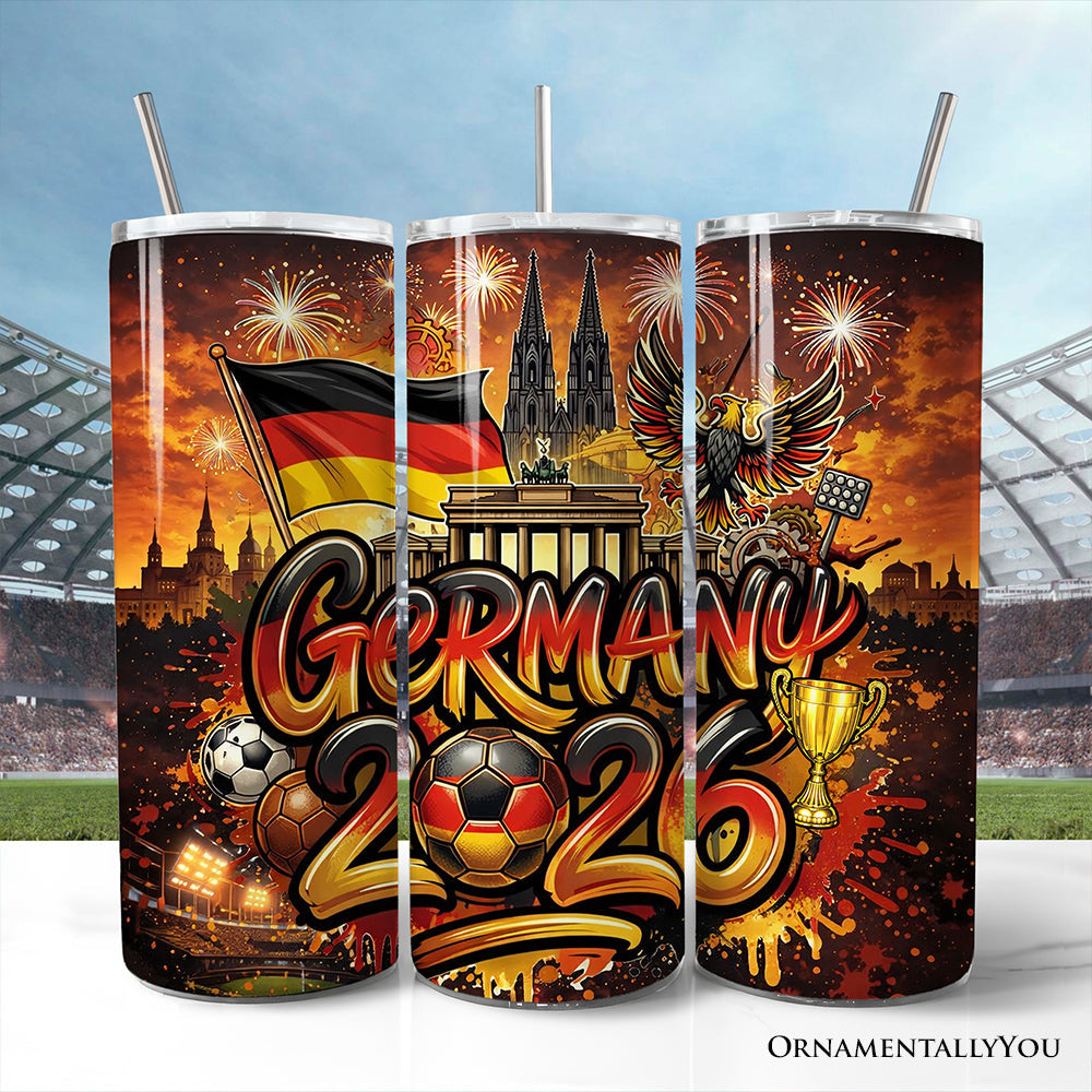 20oz stainless steel travel tumbler with Germany 2026 soccer theme in orange, gold, and red abstract print.