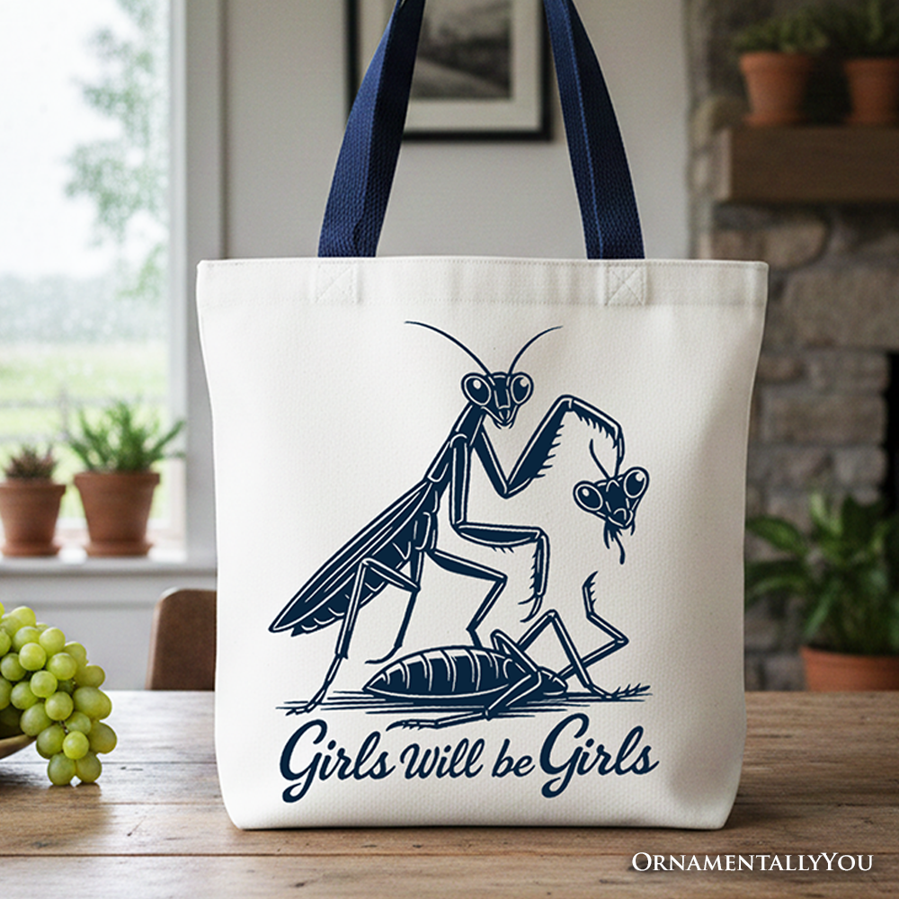 Minimalist cotton tote bag in off-white featuring a graphic mantis print and Girls Will Be Girls text