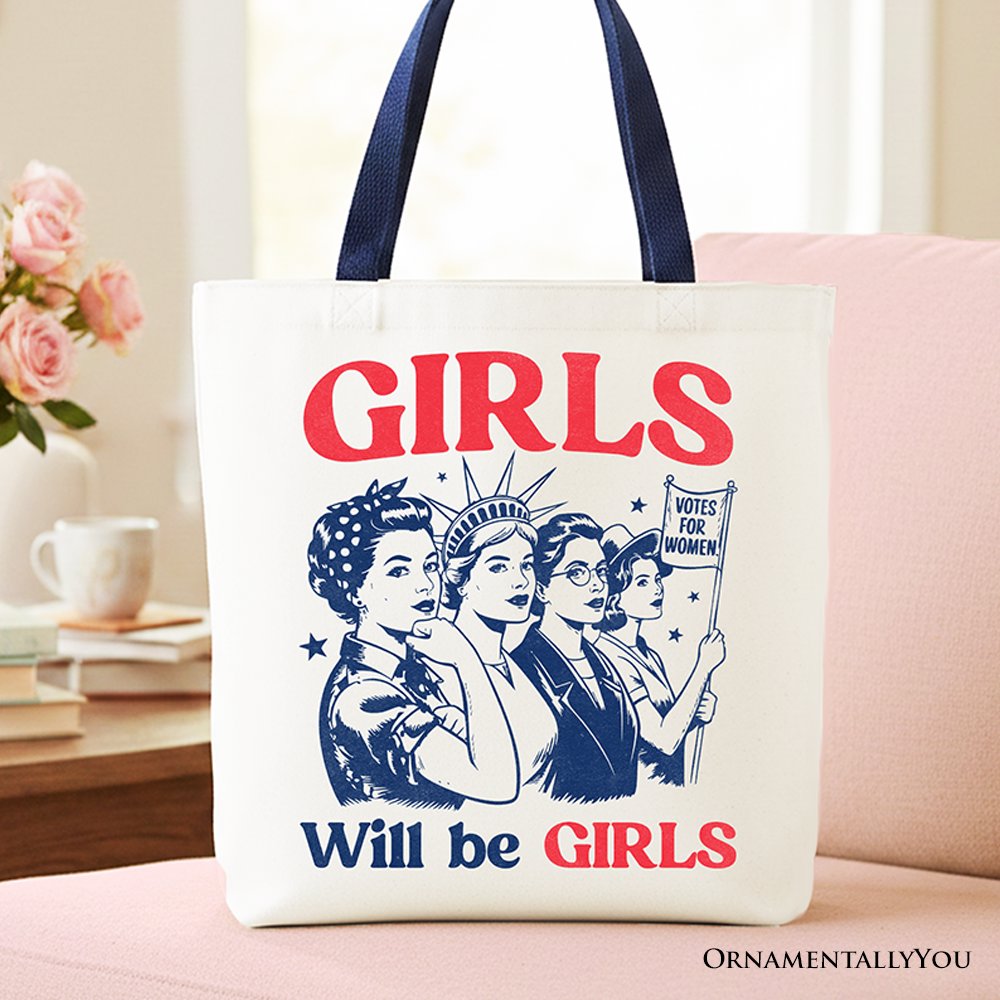 Vintage-style Girls Will Be Girls patriotic tote bag for kids and parents